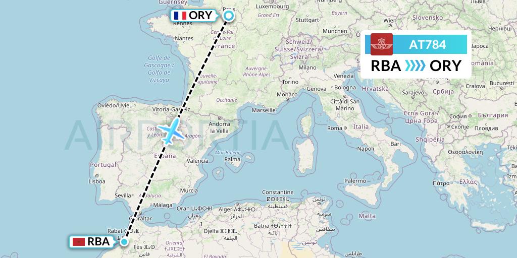 AT784 Royal Air Maroc Flight Map: Rabat to Paris