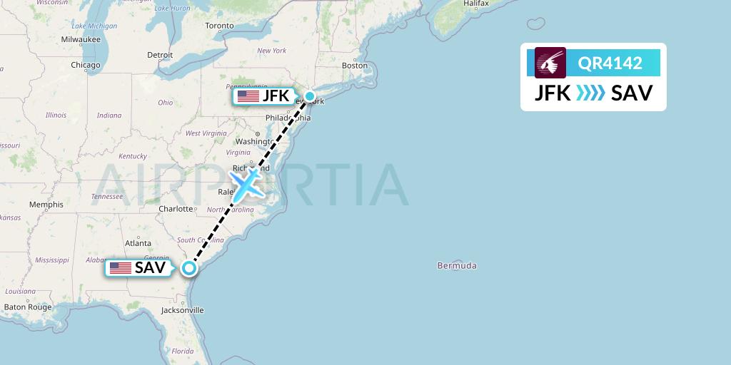 QR4142 Qatar Airways Flight Map: New York to Savannah
