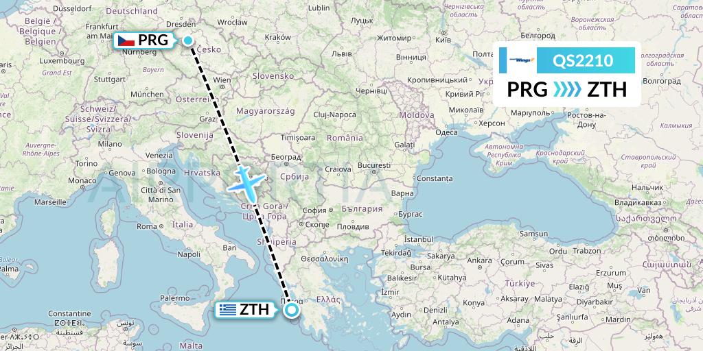 QS2210 Smartwings Flight Map: Prague to Zakynthos