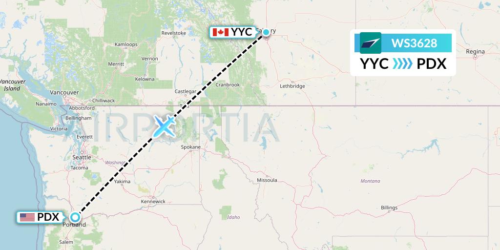 WS3628 WestJet Flight Map: Calgary to Portland