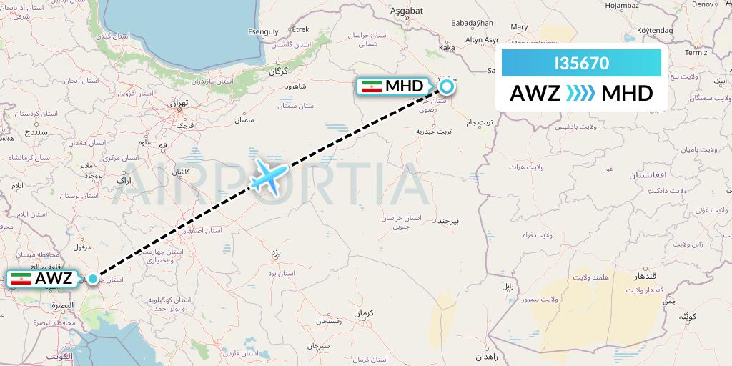 I35670 ATA Airlines Flight Map: Ahvaz to Mashhad