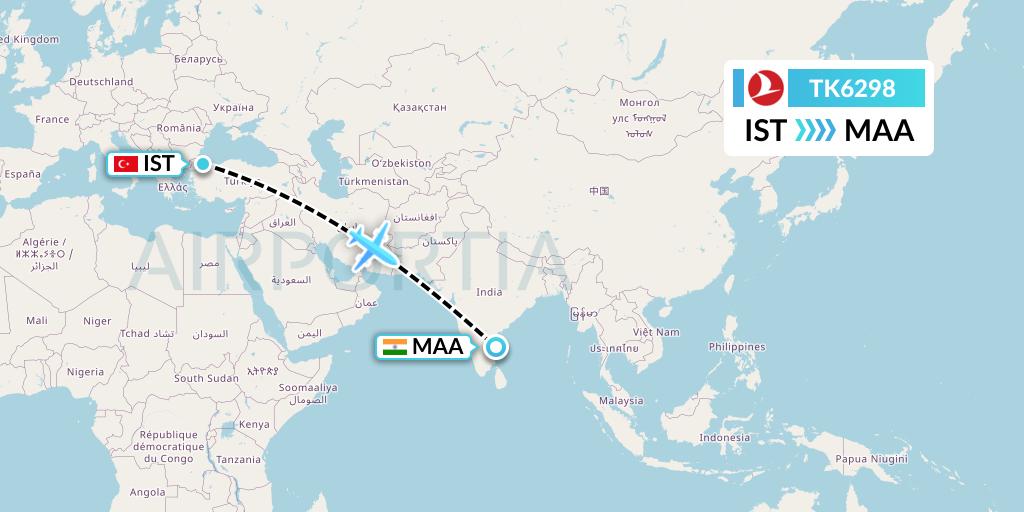 TK6298 Turkish Airlines Flight Map: Istanbul to Chennai