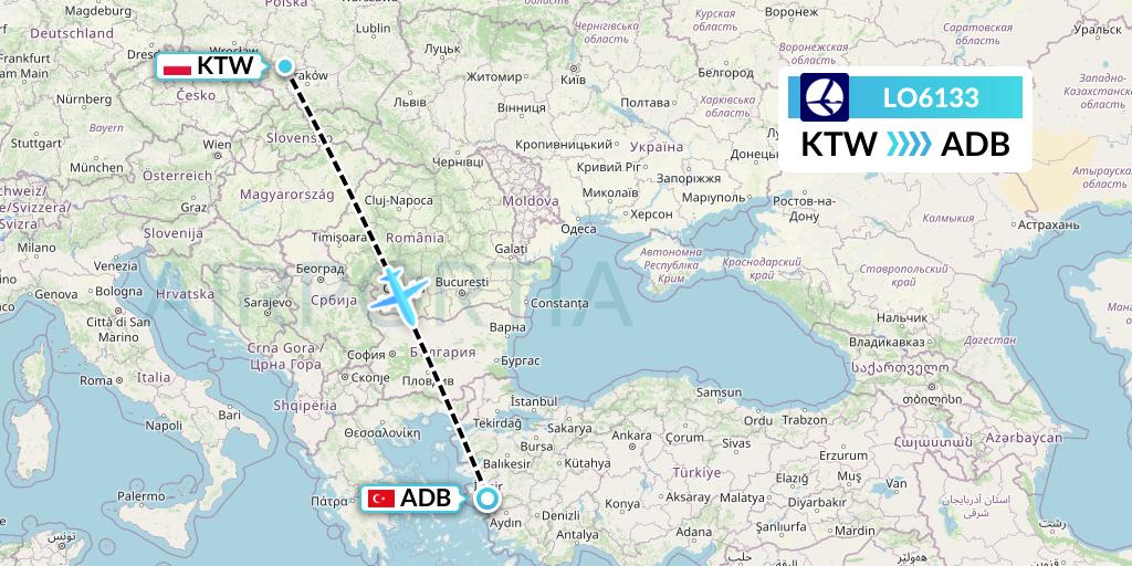 LO6133 LOT Flight Map: Katowice to Izmir