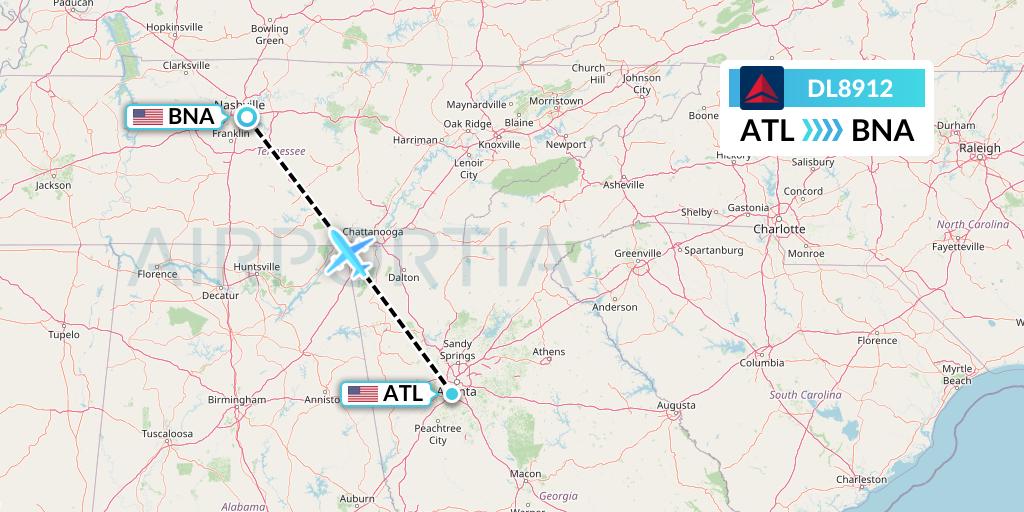 DL8912 Delta Air Lines Flight Map: Atlanta to Nashville