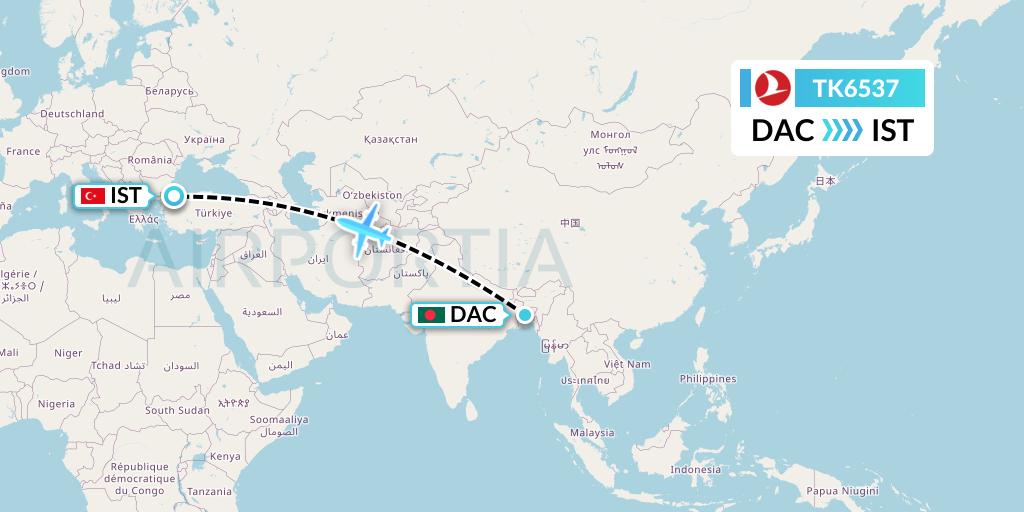 TK6537 Turkish Airlines Flight Map: Dhaka to Istanbul