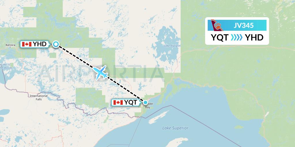 JV345 Bearskin Airlines Flight Map: Thunder Bay to Dryden