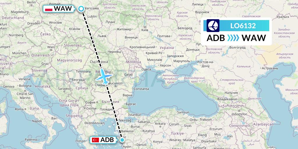 LO6132 LOT Flight Map: Izmir to Warsaw