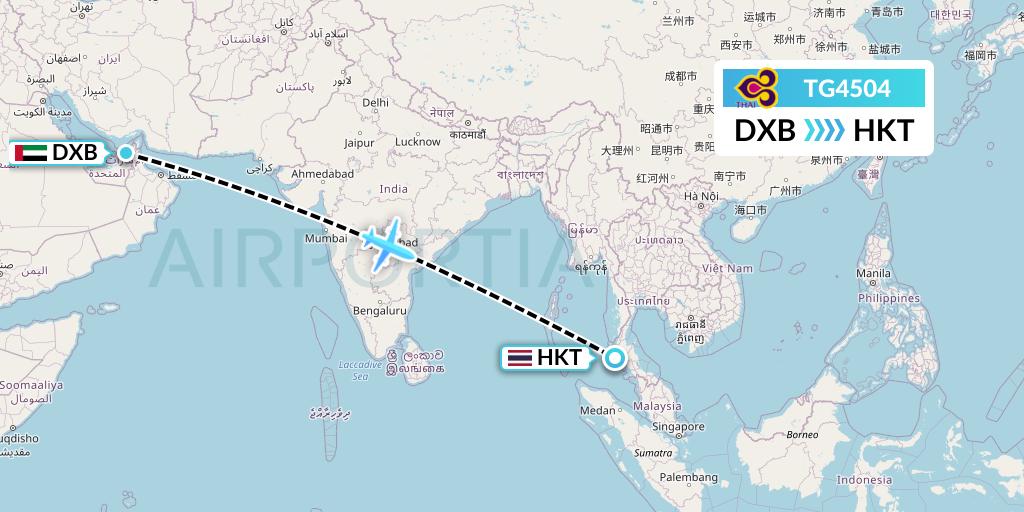 TG4504 Thai Airways Flight Map: Dubai to Phuket