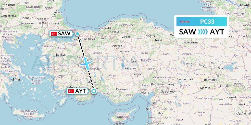 PC33 Pegasus Airlines Flight Map: Istanbul to Antalya
