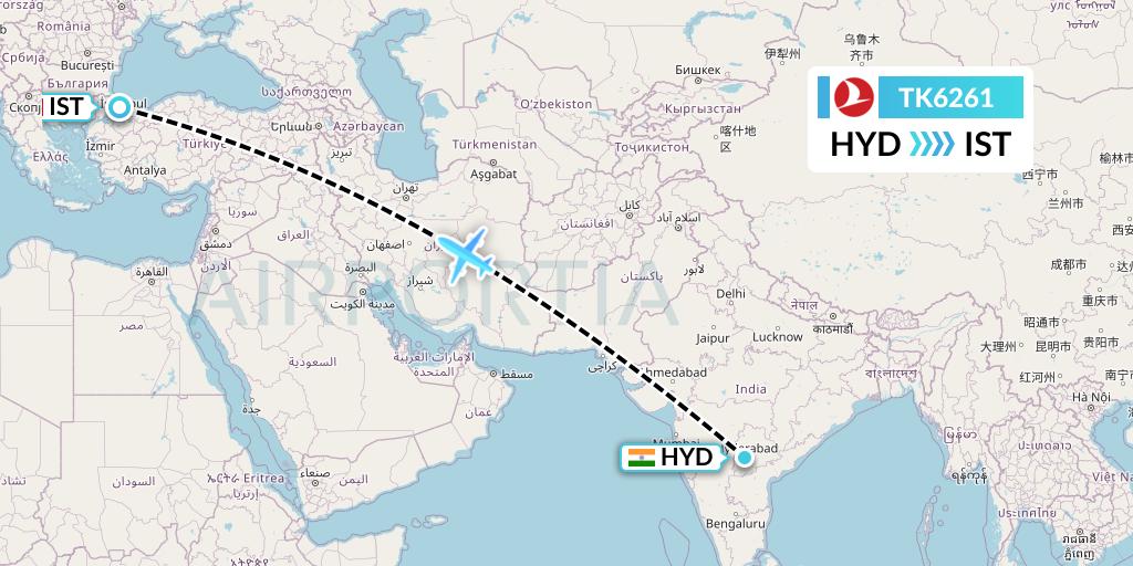 TK6261 Turkish Airlines Flight Map: Hyderabad to Istanbul