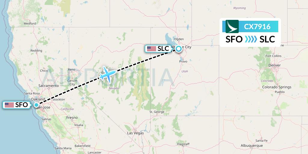 CX7916 Cathay Pacific Flight Map: San Francisco to Salt Lake City