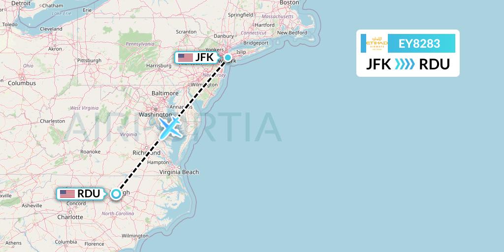 EY8283 Etihad Airways Flight Map: New York to Raleigh-Durham