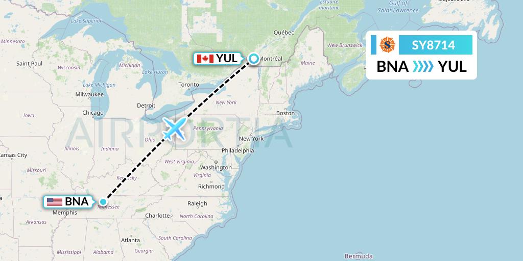 SY8714 Sun Country Airlines Flight Map: Nashville to Montreal