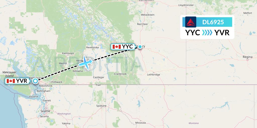 DL6925 Delta Air Lines Flight Map: Calgary to Vancouver