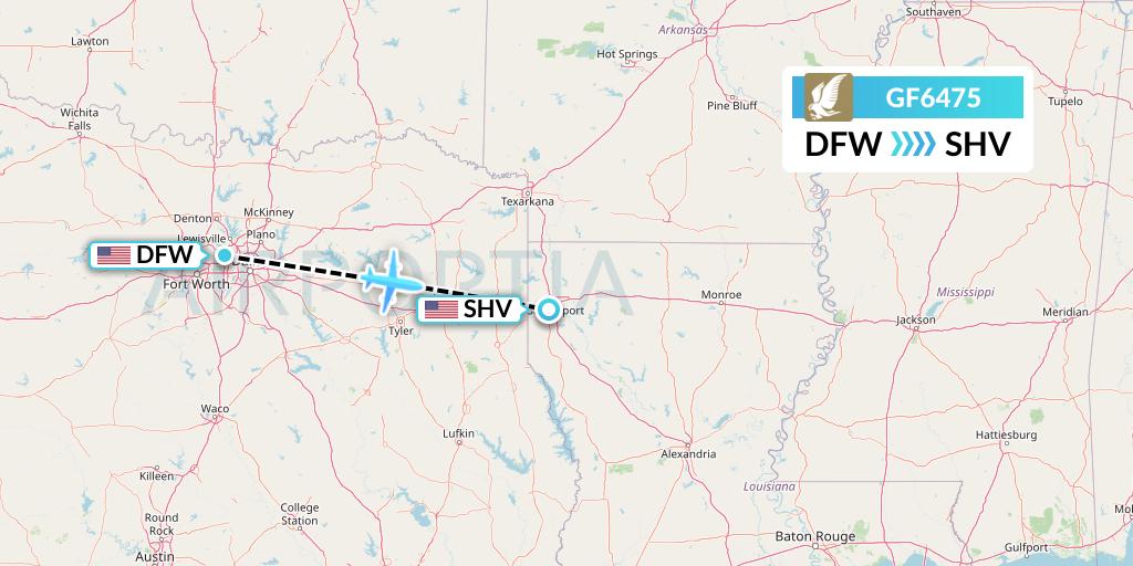 GF6475 Gulf Air Flight Map: Dallas to Shreveport