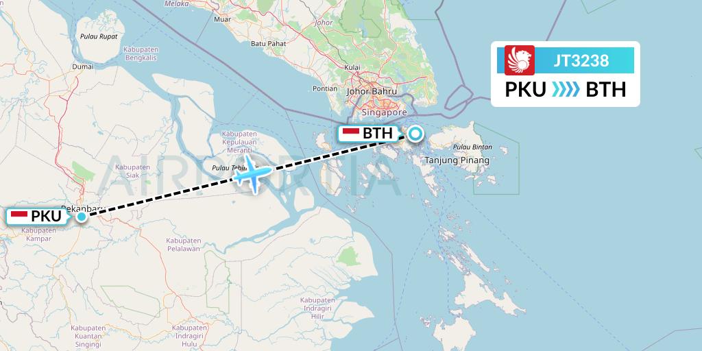 JT3238 Lion Airlines Flight Map: Pekanbaru to Batam