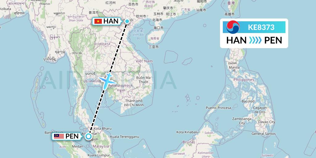 KE8373 Korean Air Flight Map: Hanoi to Penang