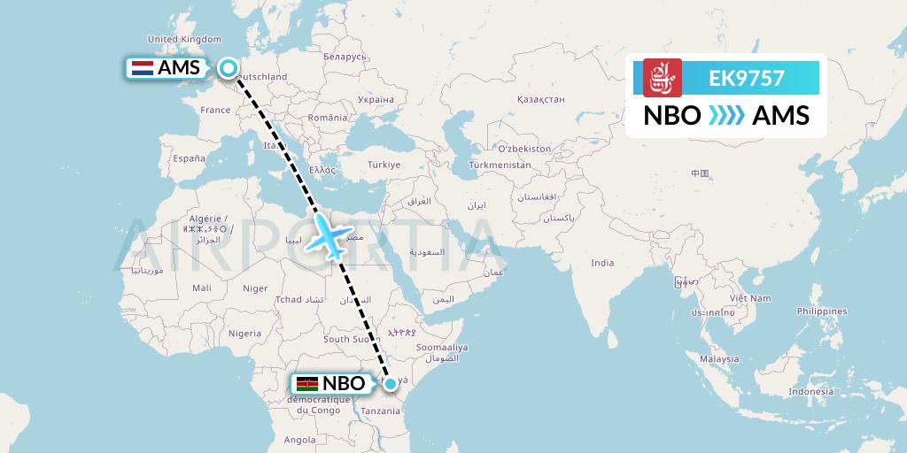 EK9757 Emirates Flight Map: Nairobi to Amsterdam