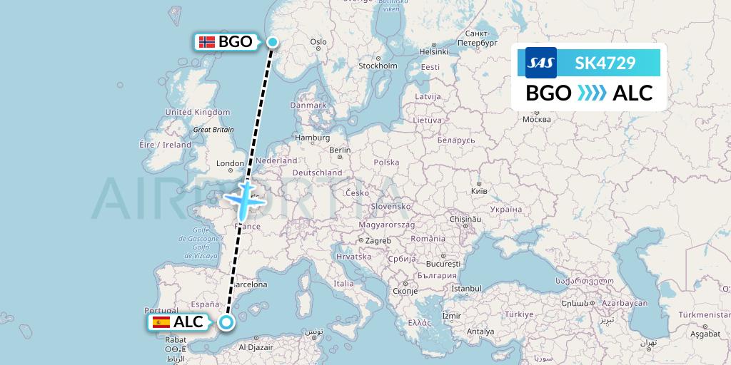 SK4729 SAS Flight Map: Bergen to Alicante