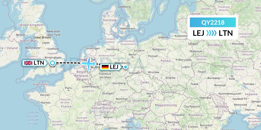 QY2218 European Air Transport Flight Map: Leipzig to London