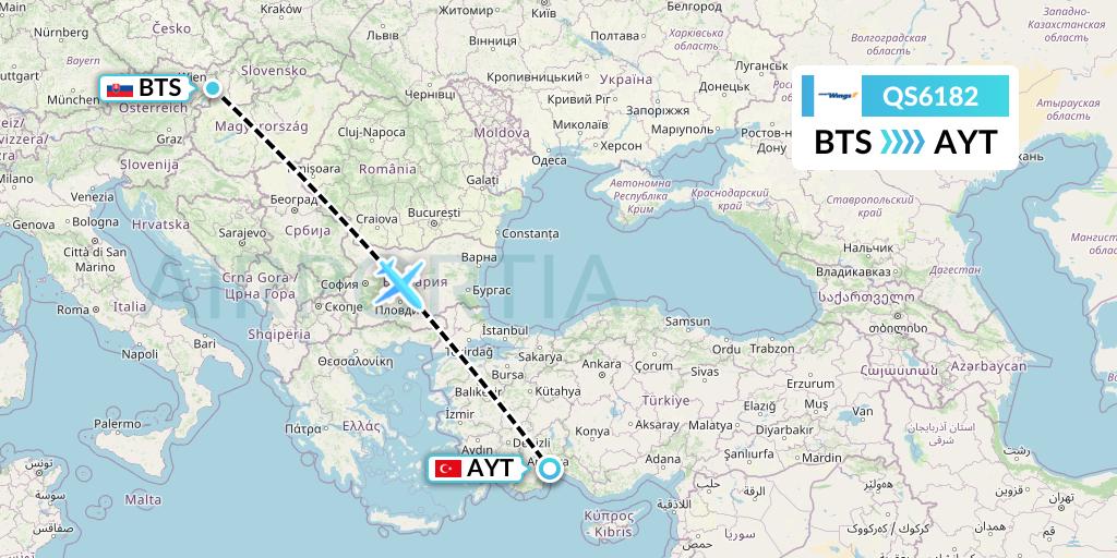 QS6182 Smartwings Flight Map: Bratislava to Antalya