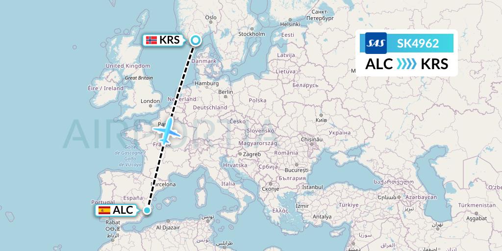 SK4962 SAS Flight Map: Alicante to Kristiansand