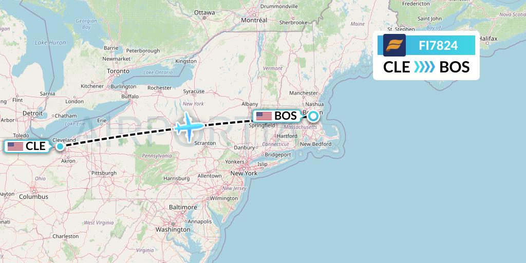 FI7824 Icelandair Flight Map: Cleveland to Boston