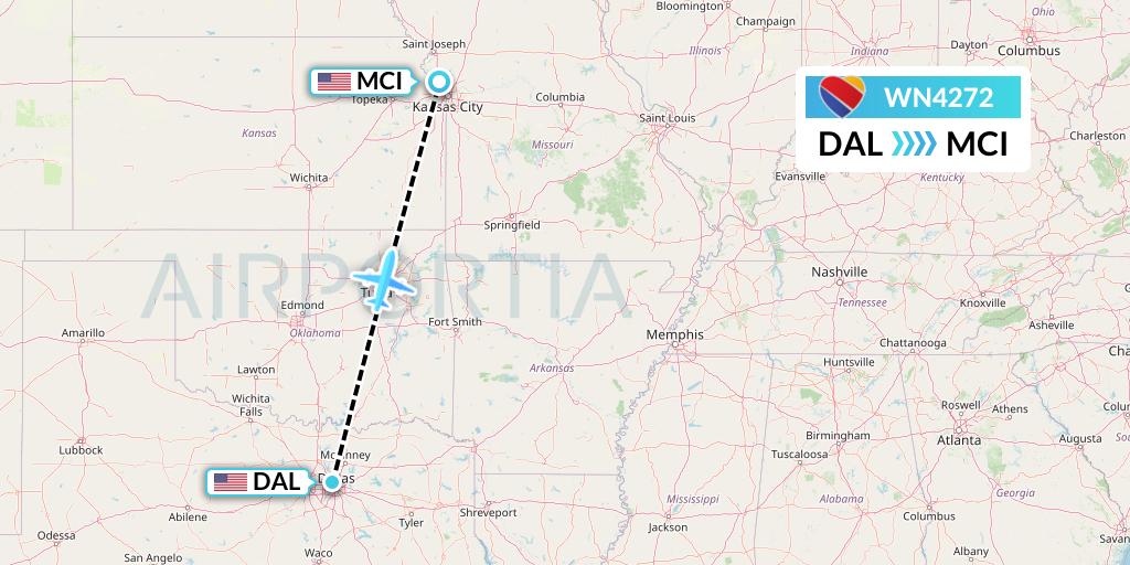 WN4272 Southwest Airlines Flight Map: Dallas to Kansas City