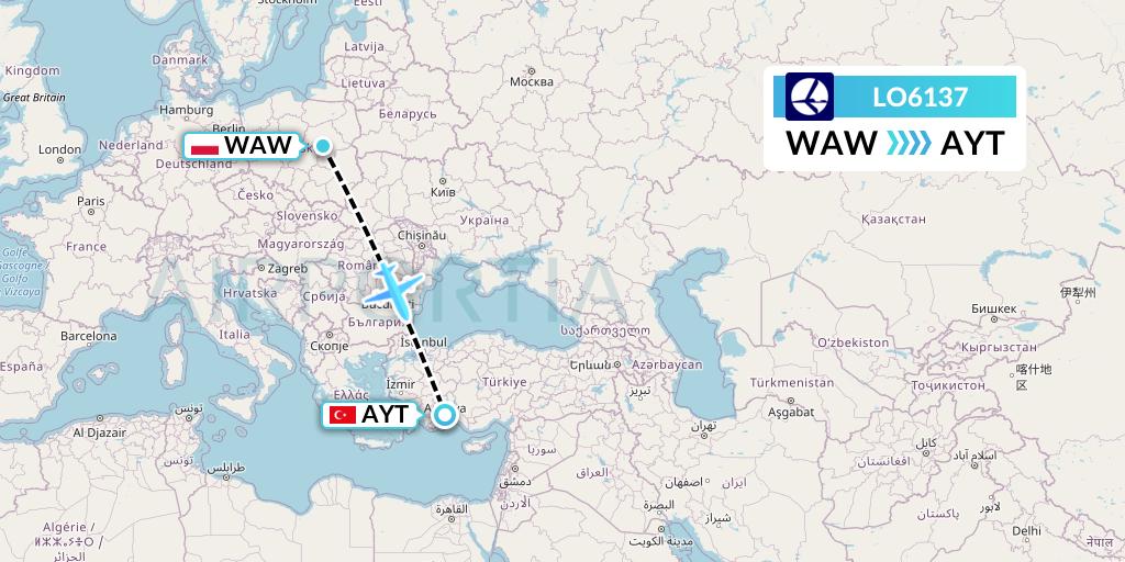 LO6137 LOT Flight Map: Warsaw to Antalya
