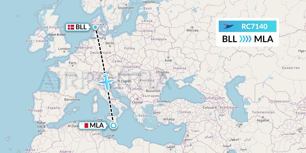 RC7140 Atlantic Airways Flight Map: Billund to Malta