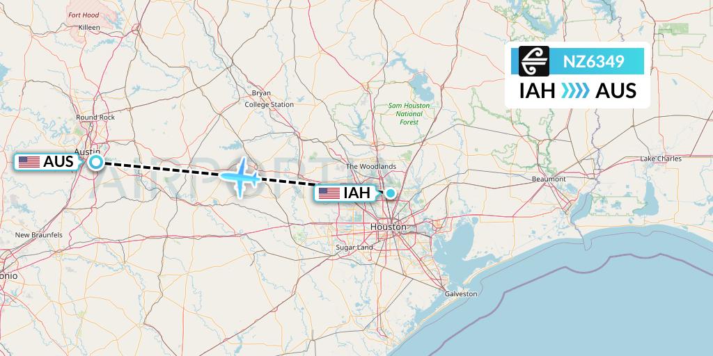 NZ6349 Air New Zealand Flight Map: Houston to Austin