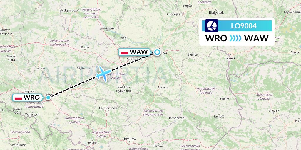 LO9004 LOT Flight Map: Wroclaw to Warsaw