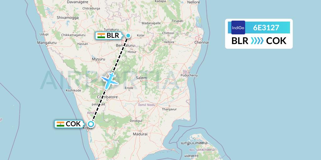 6E3127 IndiGo Airlines Flight Map: Bangalore to Cochin