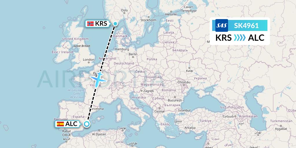 SK4961 SAS Flight Map: Kristiansand to Alicante