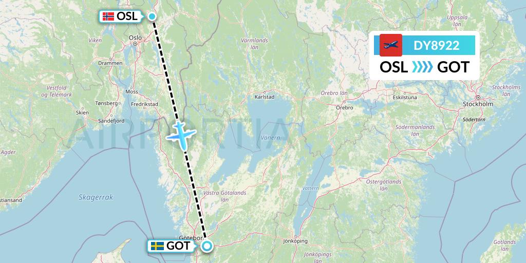 DY8922 Norwegian Flight Map: Oslo to Gothenburg
