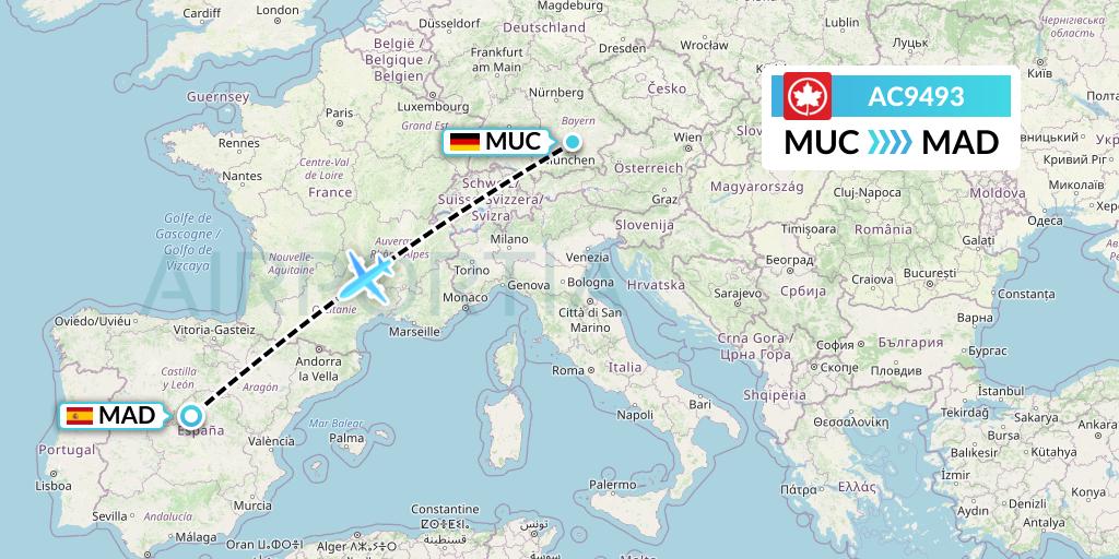 AC9493 Air Canada Flight Map: Munich to Madrid
