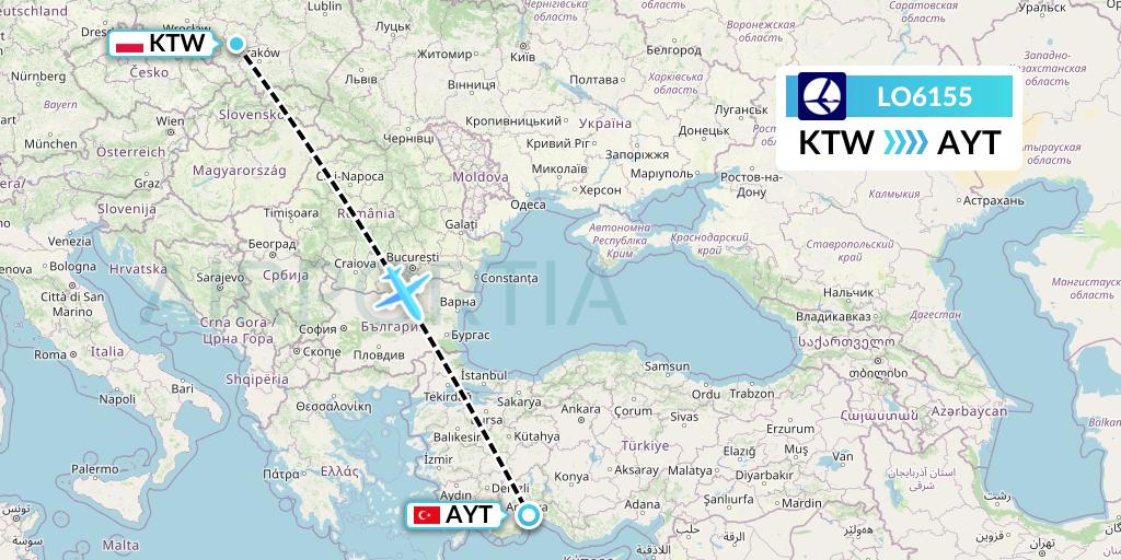 LO6155 LOT Flight Map: Katowice to Antalya