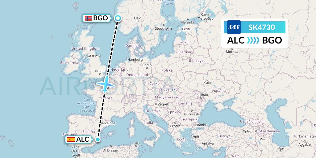 SK4730 SAS Flight Map: Alicante to Bergen