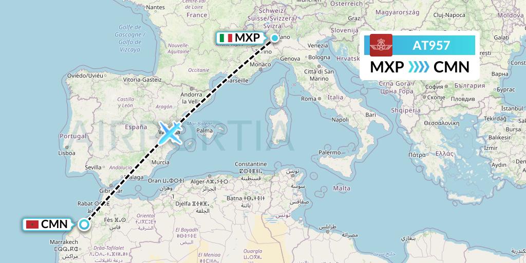 AT957 Royal Air Maroc Flight Map: Milan to Casablanca