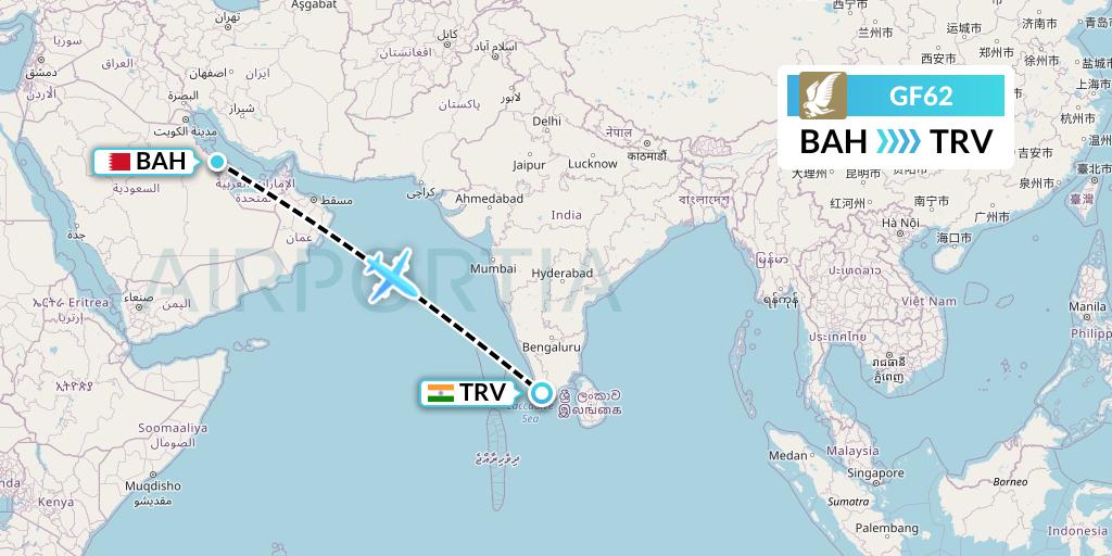 GF62 Gulf Air Flight Map: Bahrain to Thiruvananthapuram