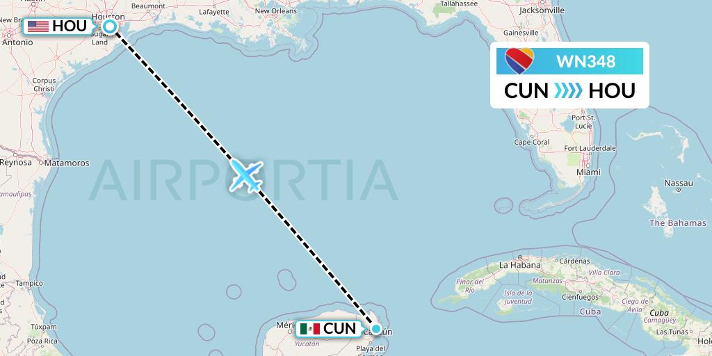 WN348 Southwest Airlines Flight Map: Cancun to Houston