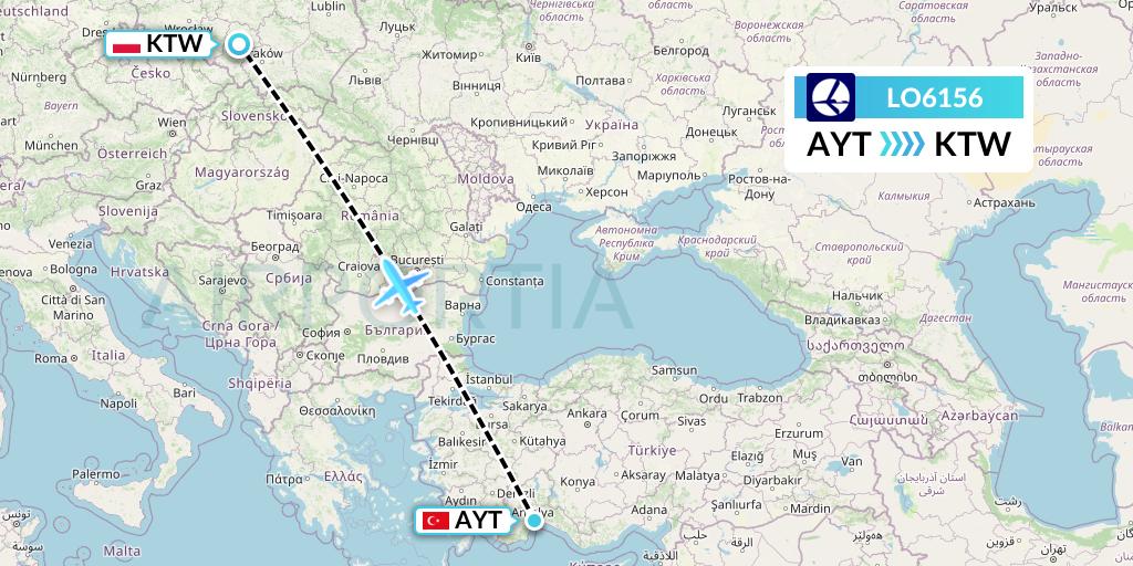 LO6156 LOT Flight Map: Antalya to Katowice