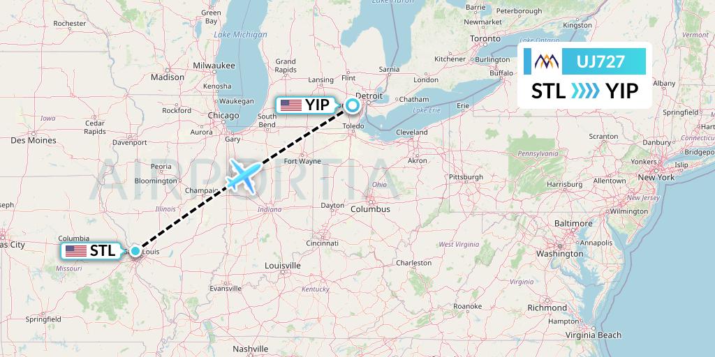 UJ727 AlMasria Universal Airlines Flight Map: St. Louis to Detroit