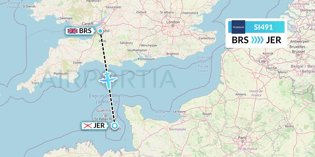 SI491 Blue Islands Flight Map: Bristol to Jersey