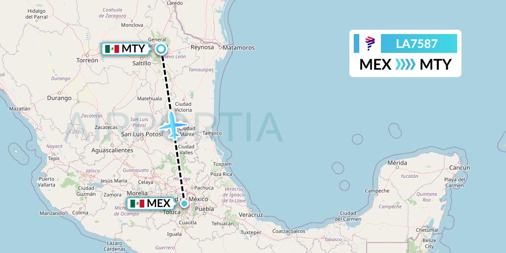 LA7587 LAN Airlines Flight Map: Mexico City to Monterrey