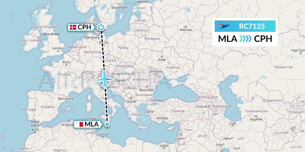 RC7125 Atlantic Airways Flight Map: Malta to Copenhagen