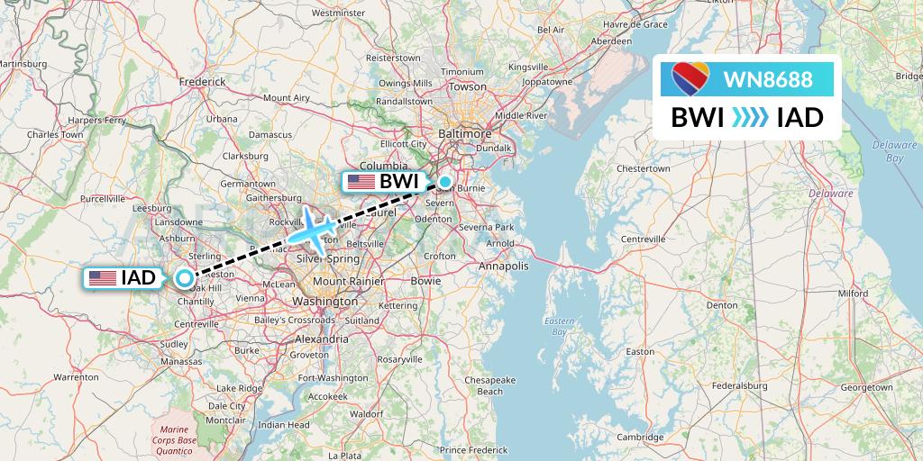 WN8688 Southwest Airlines Flight Map: Baltimore to Washington