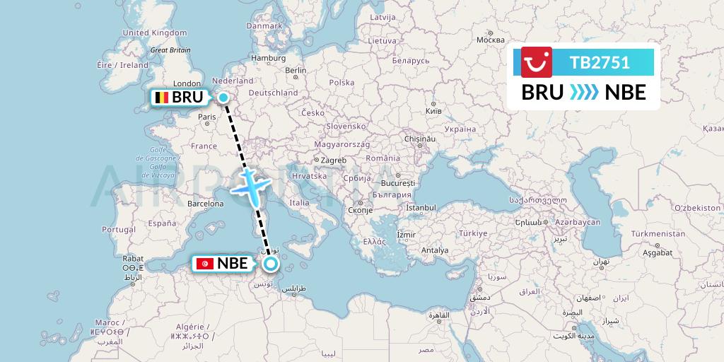 TB2751 TUI fly Belgium Flight Map: Brussels to Enfidha