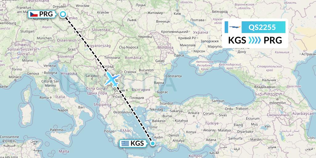QS2255 Smartwings Flight Map: Kos to Prague