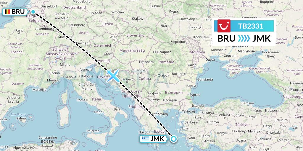 TB2331 TUI fly Belgium Flight Map: Brussels to Mykonos